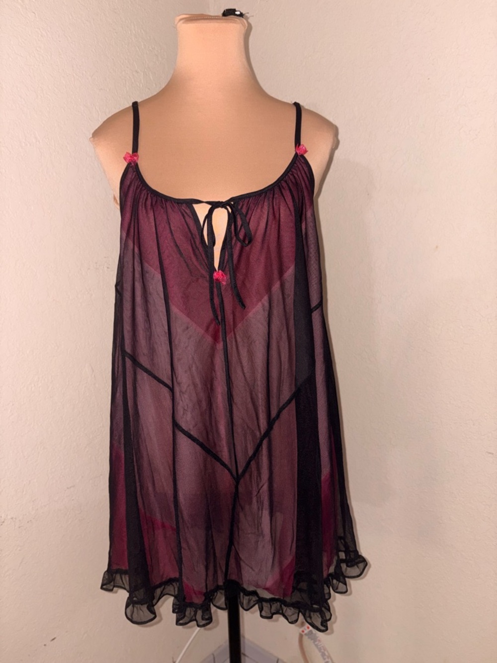 Betsey Johnson Black Sheer Babydoll with Pink Accents